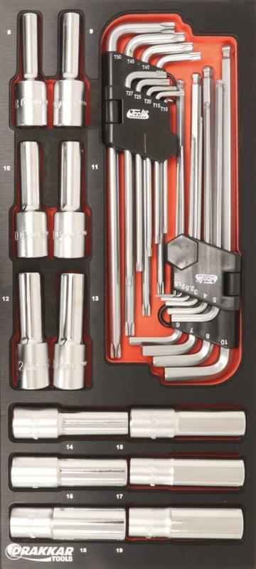 Module mousse finition métal - Douilles longues 1/2’’ et clés mâles coudées - 31 pièces - Drakkar Tools 09702