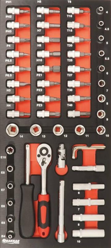 Module mousse finition métal - Douilles / Cliquet / Embouts 1/4’’ - 56 pièces - Drakkar Tools 09721