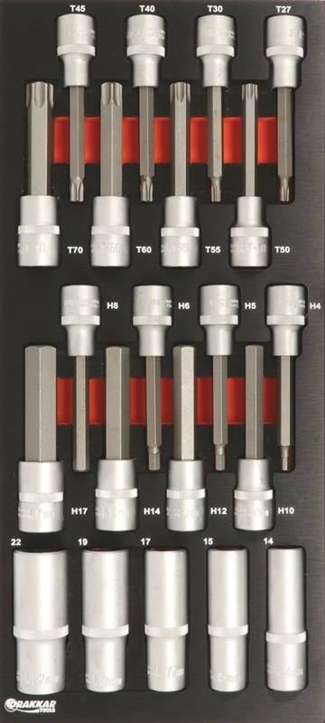 Module mousse finition métal - Douilles longues / Embouts Torx® et hexagonaux - 21 pièces - Drakkar Tools 09725