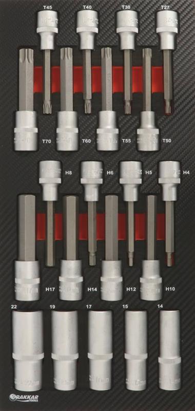 Module mousse finition carbone - Douilles longues / Embouts Torx® et hexagonaux - 21 pièces - Drakkar Tools 09889