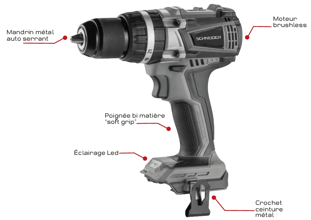 Perceuse visseuse à percussion brushless 20V 60Nm Schneider 50823